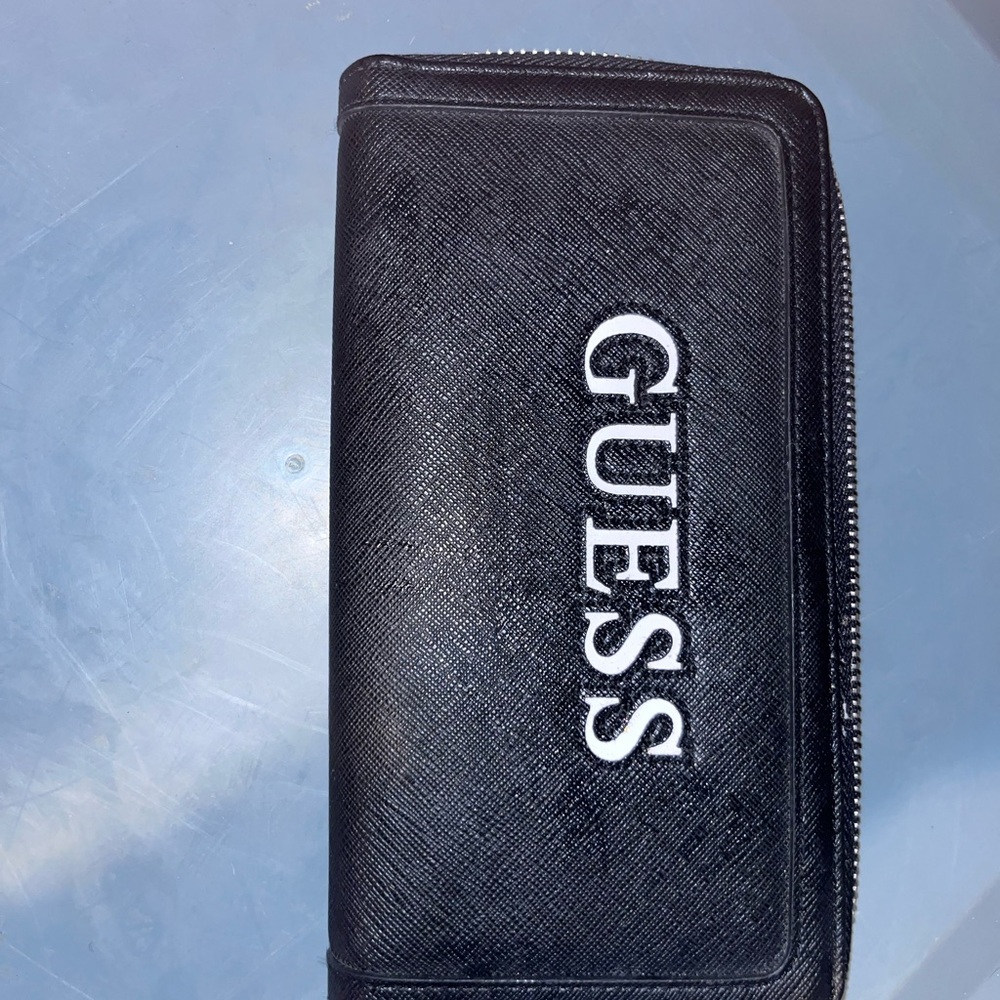 Guess Black Wallet with White Logo Zip Closure